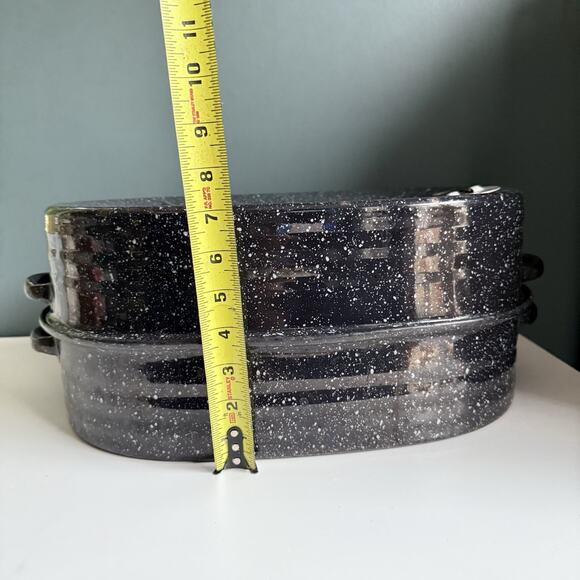 Vintage LISK Speckled Black & White Enamel Roasting Pan with Lid Patent T36 - Picture 3 of 16